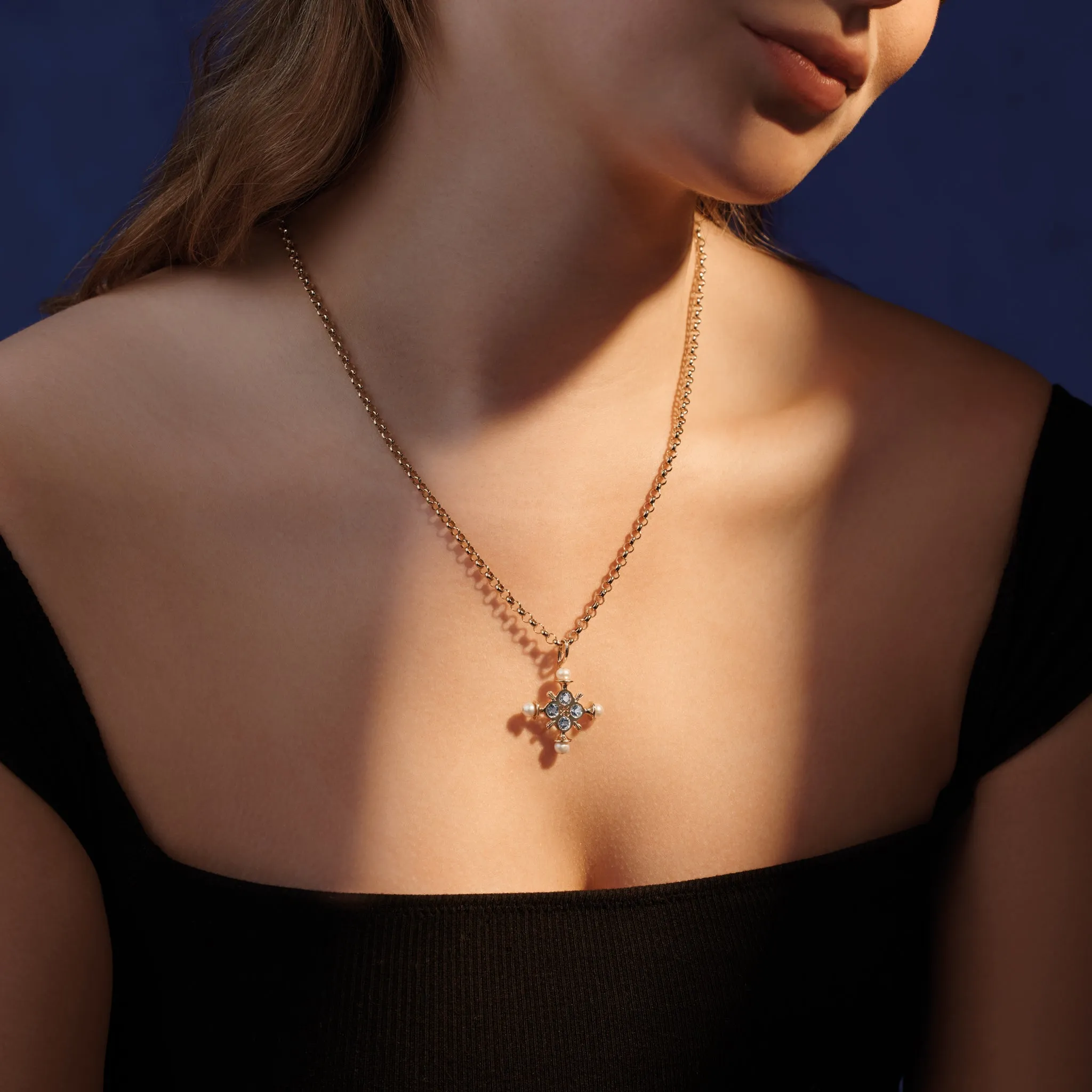 Madrid Large Cross Pendant Yellow Gold - Blue Topaz & Pearl