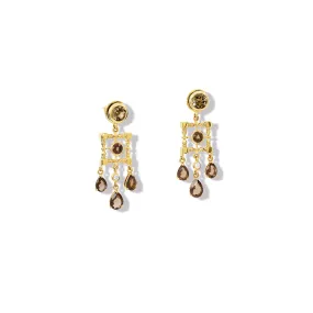 Mashrabiya Trellis Halo Earring Drops Yellow Gold - Smoky Quartz & Diamond