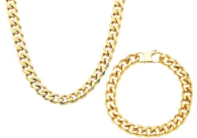 Mens 10mm Gold Stainless Steel Curb Link Chain Set