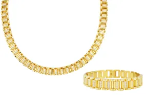 Mens Gold Plated Stainless Steel Chain Link Set With Cubic Zirconia