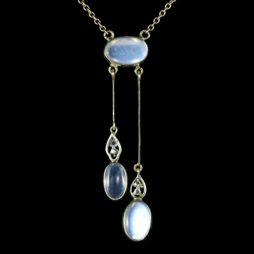 Moonstone Diamond Necklace Boxed Circa 1900 9Ct Gold