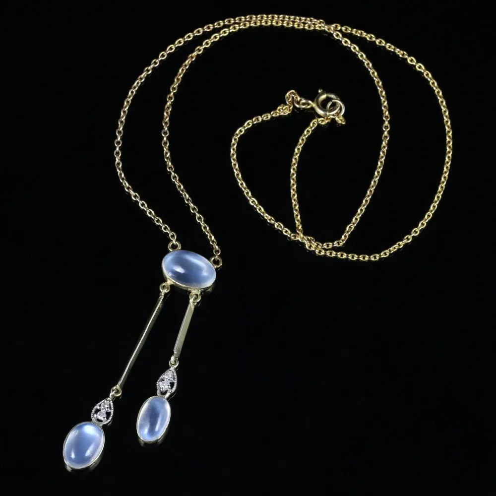 Moonstone Diamond Necklace Boxed Circa 1900 9Ct Gold