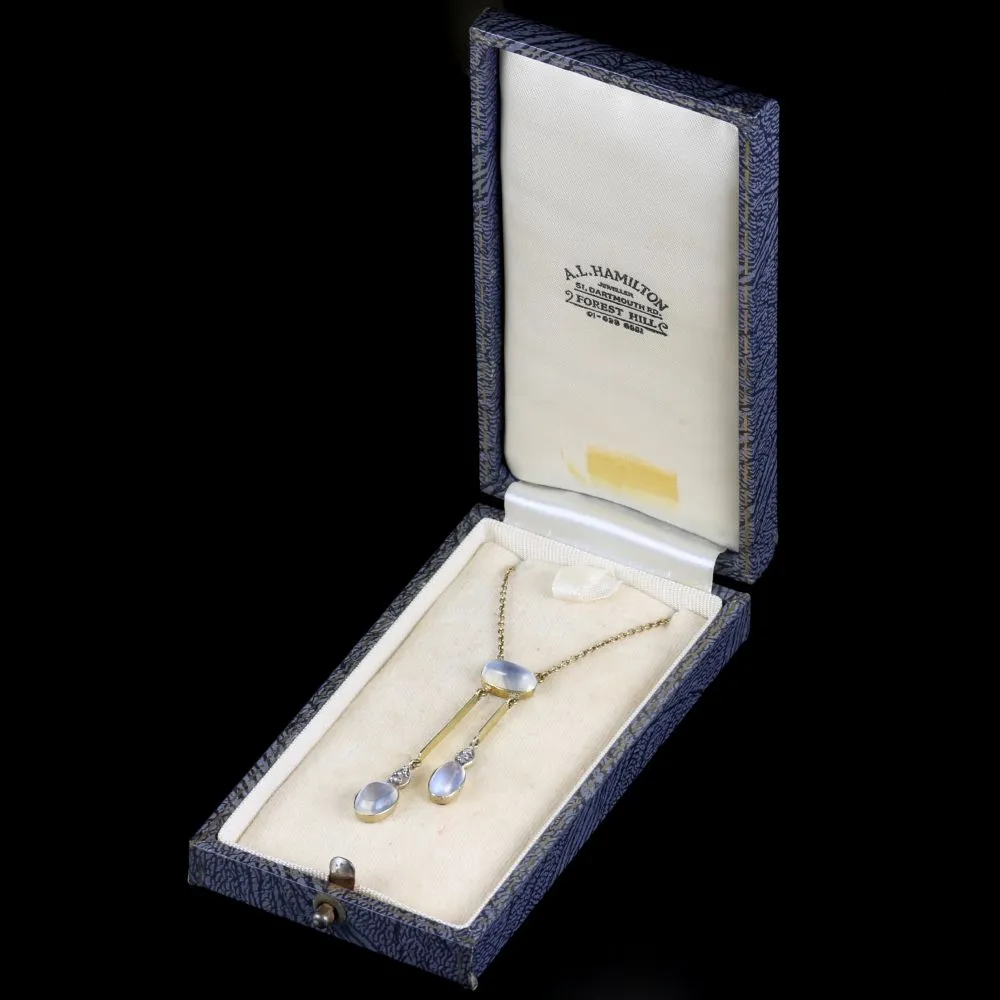 Moonstone Diamond Necklace Boxed Circa 1900 9Ct Gold