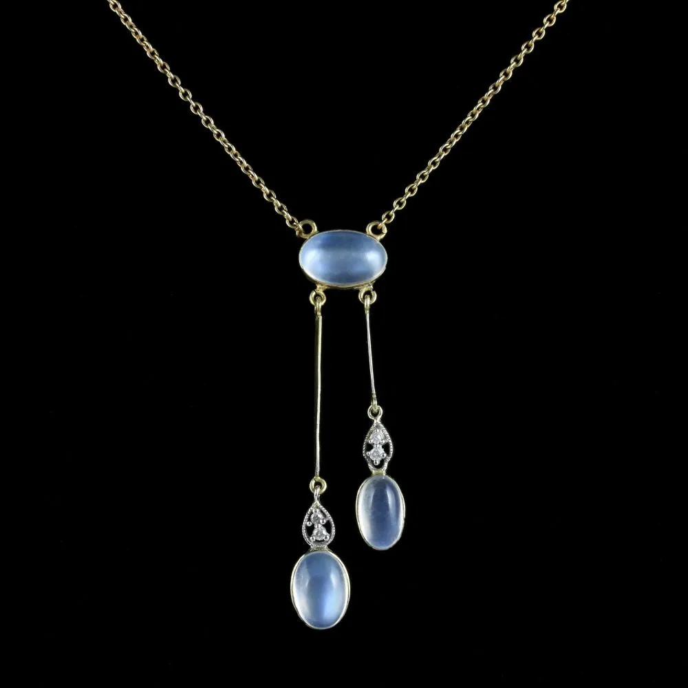 Moonstone Diamond Necklace Boxed Circa 1900 9Ct Gold