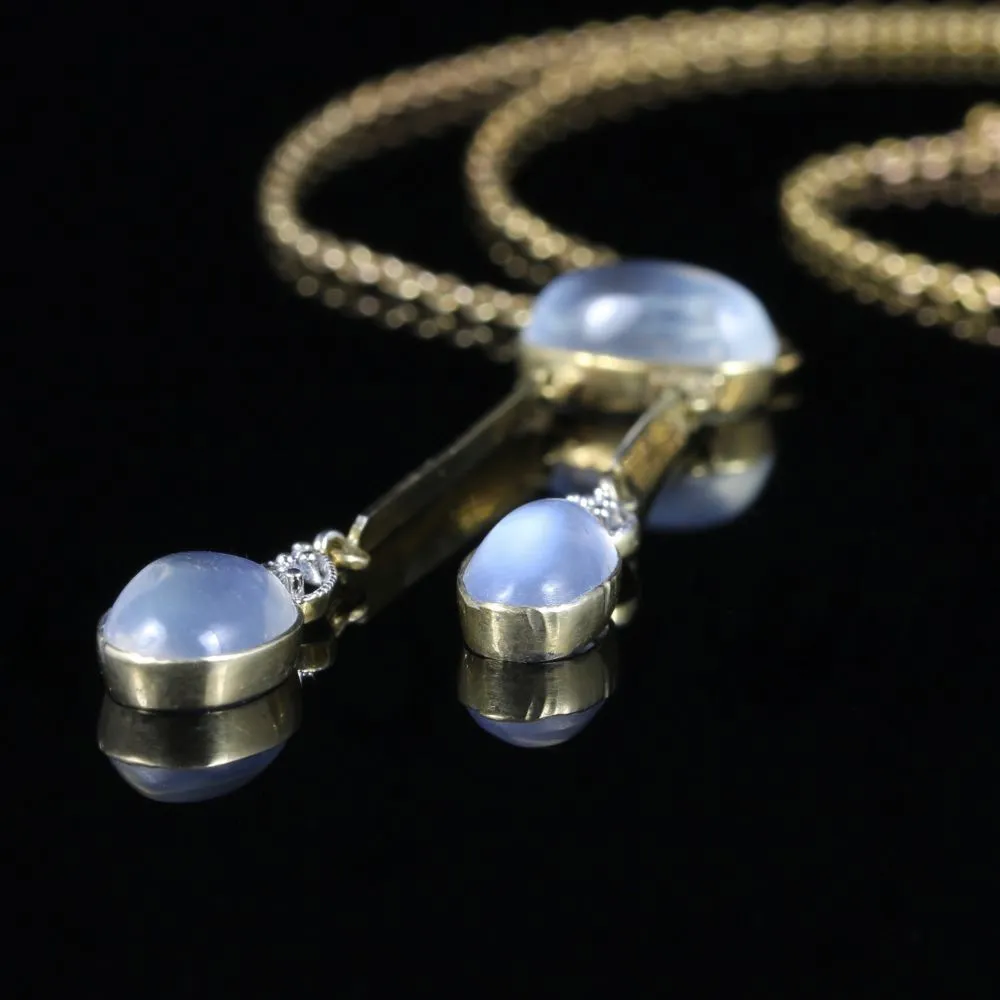 Moonstone Diamond Necklace Boxed Circa 1900 9Ct Gold