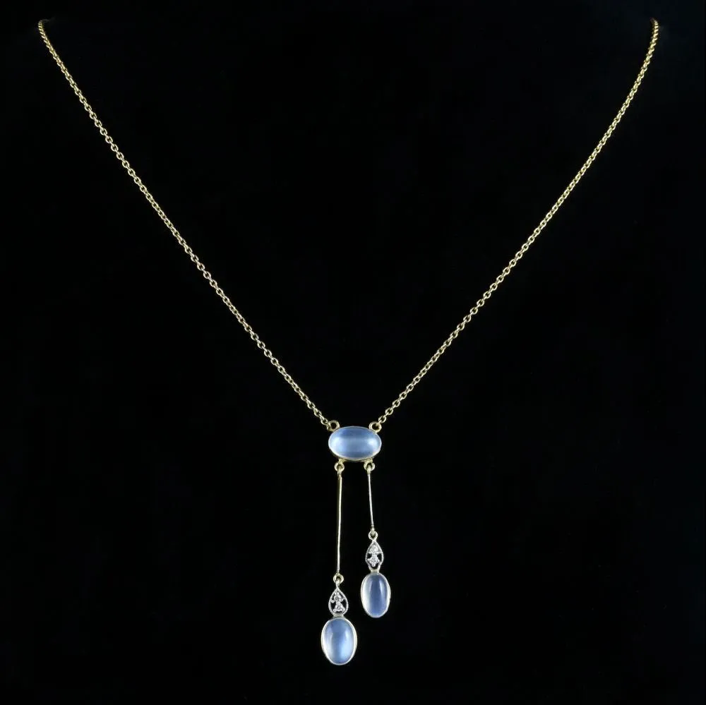 Moonstone Diamond Necklace Boxed Circa 1900 9Ct Gold