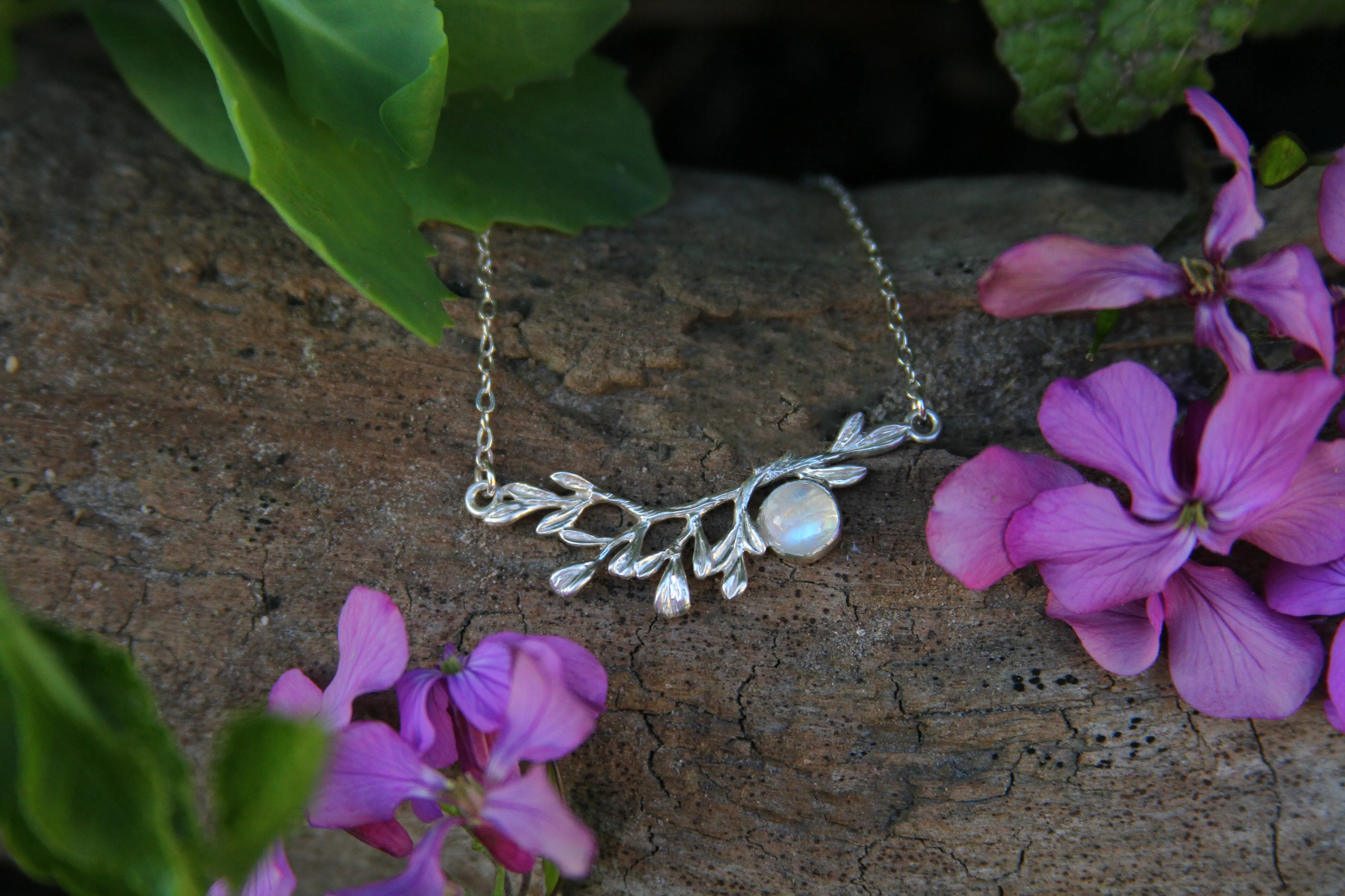 Moonstone Leaf Branch Sterling Silver Necklace