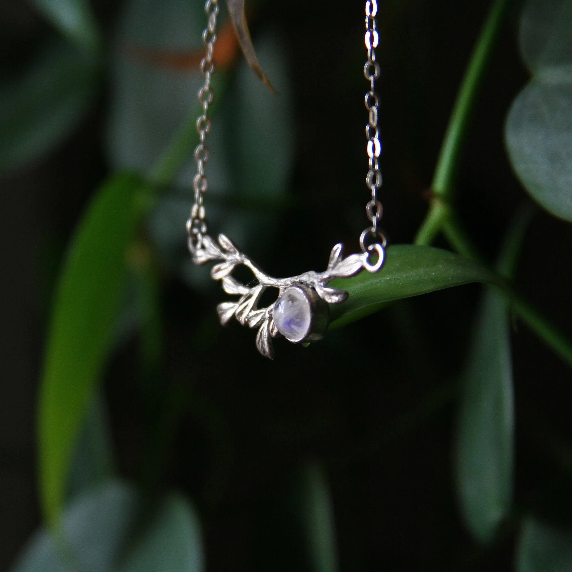 Moonstone Leaf Branch Sterling Silver Necklace