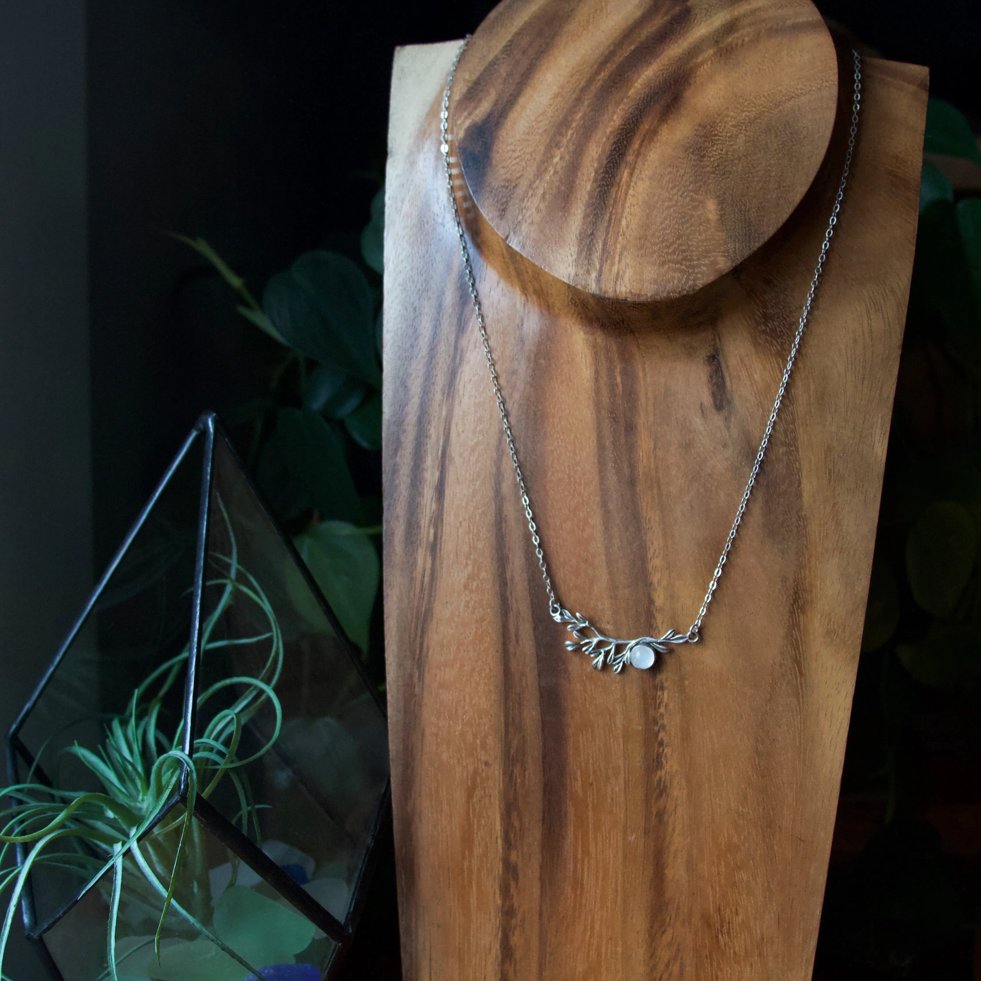 Moonstone Leaf Branch Sterling Silver Necklace