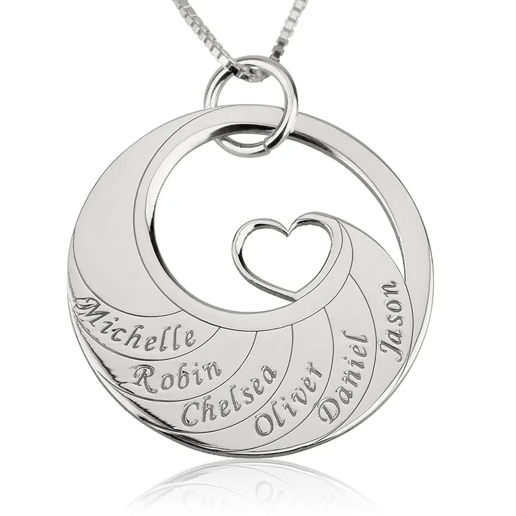 Mother's Heart Necklace with Engraved Names - Sterling Silver