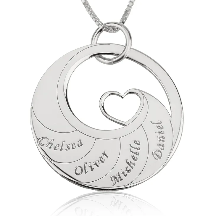 Mother's Heart Necklace with Engraved Names - Sterling Silver