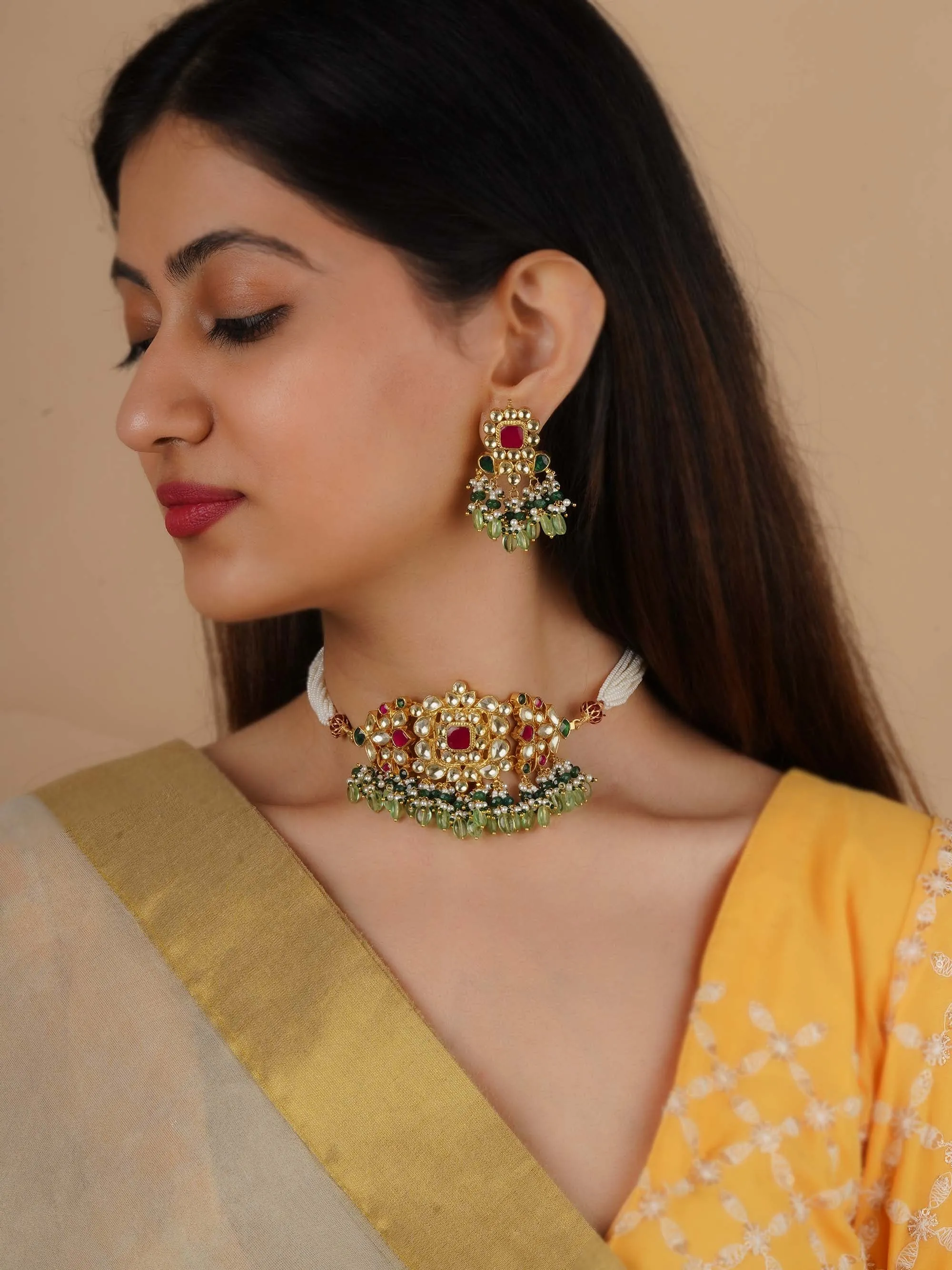 Multicolor Gold Plated Jadau Kundan Necklace Set - MS2225M