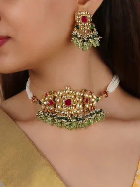 Multicolor Gold Plated Jadau Kundan Necklace Set - MS2225M