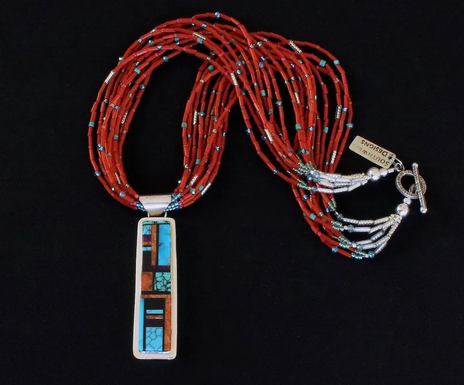 Navajo Turquoise, Spiny Oyster Shell and Sterling Silver Reversible Inlay Pendant with 10 Strands of Antique Glass Pote Beads, Turquoise, Coral, Crystal & Sterling