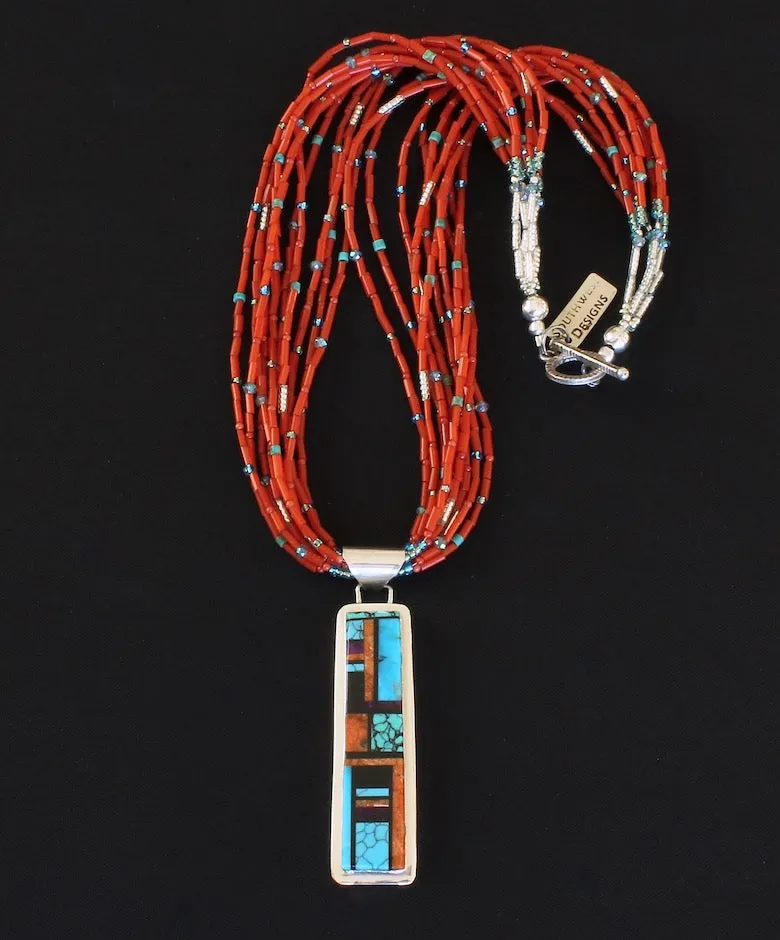 Navajo Turquoise, Spiny Oyster Shell and Sterling Silver Reversible Inlay Pendant with 10 Strands of Antique Glass Pote Beads, Turquoise, Coral, Crystal & Sterling