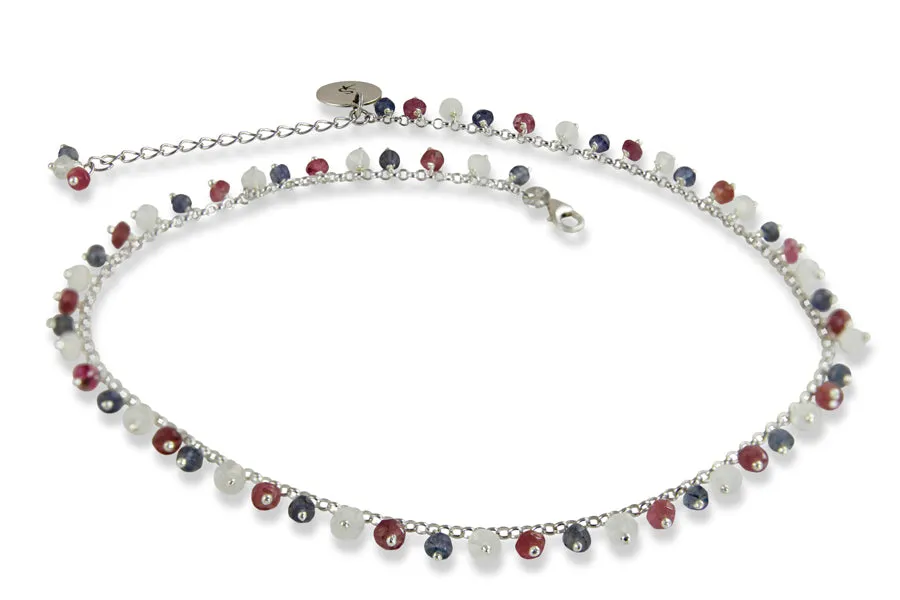 Necklace - Stone & ChainMoonstone,Iolite, Pink Tourmaline Choker Sterling Silver 16"