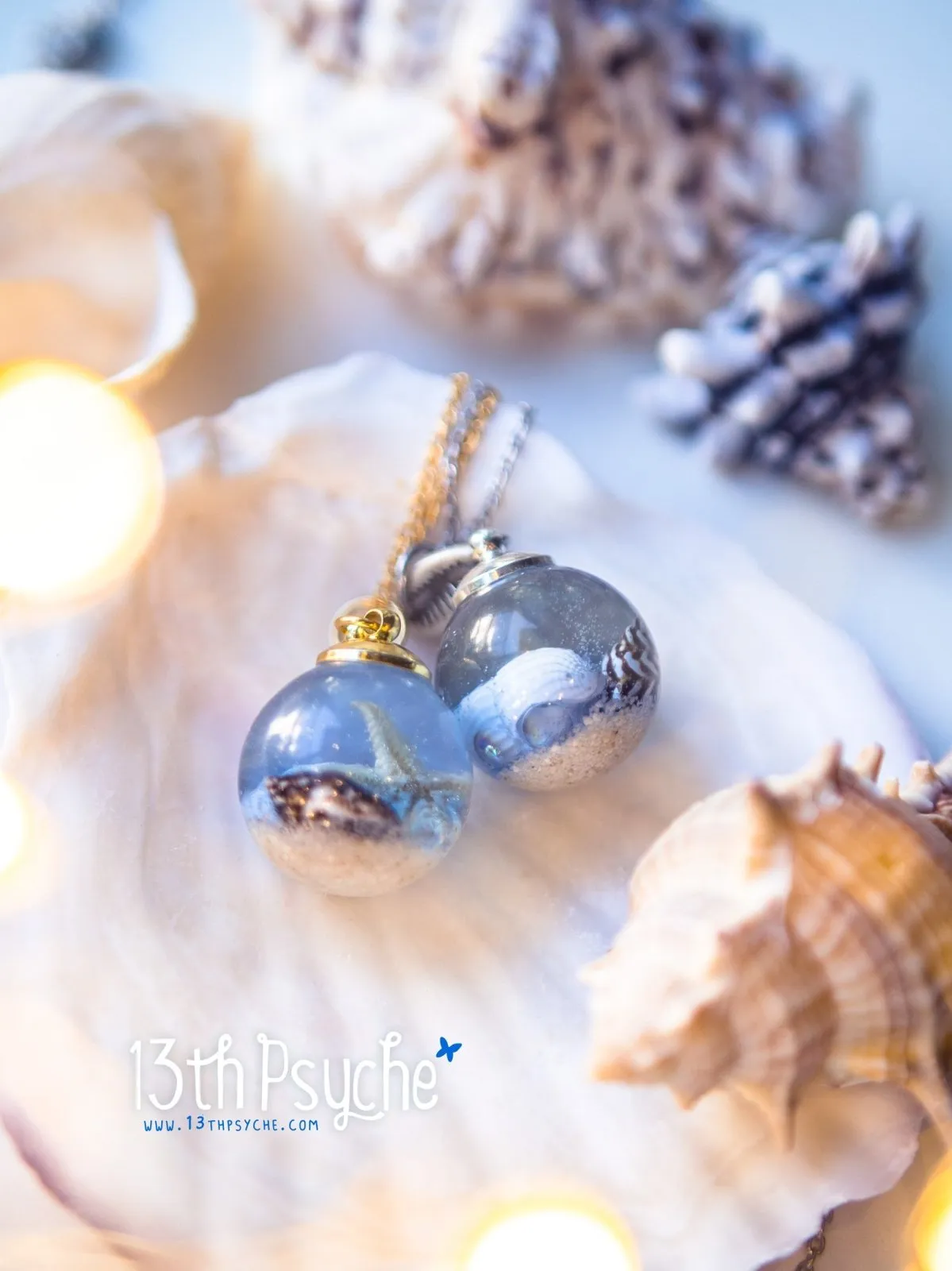 Ocean inspired Starfish and shells resin ball necklace