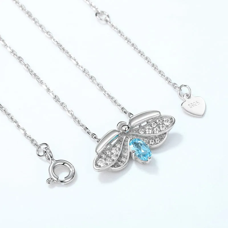 Oval Blue Topaz Zircon Glowworm Pendant Sterling Silver Necklace