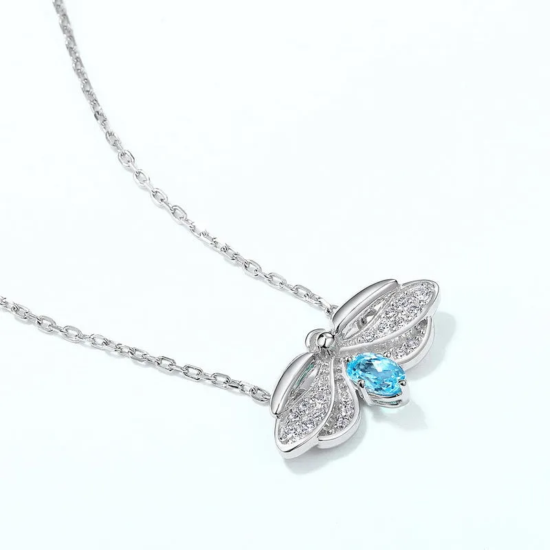 Oval Blue Topaz Zircon Glowworm Pendant Sterling Silver Necklace