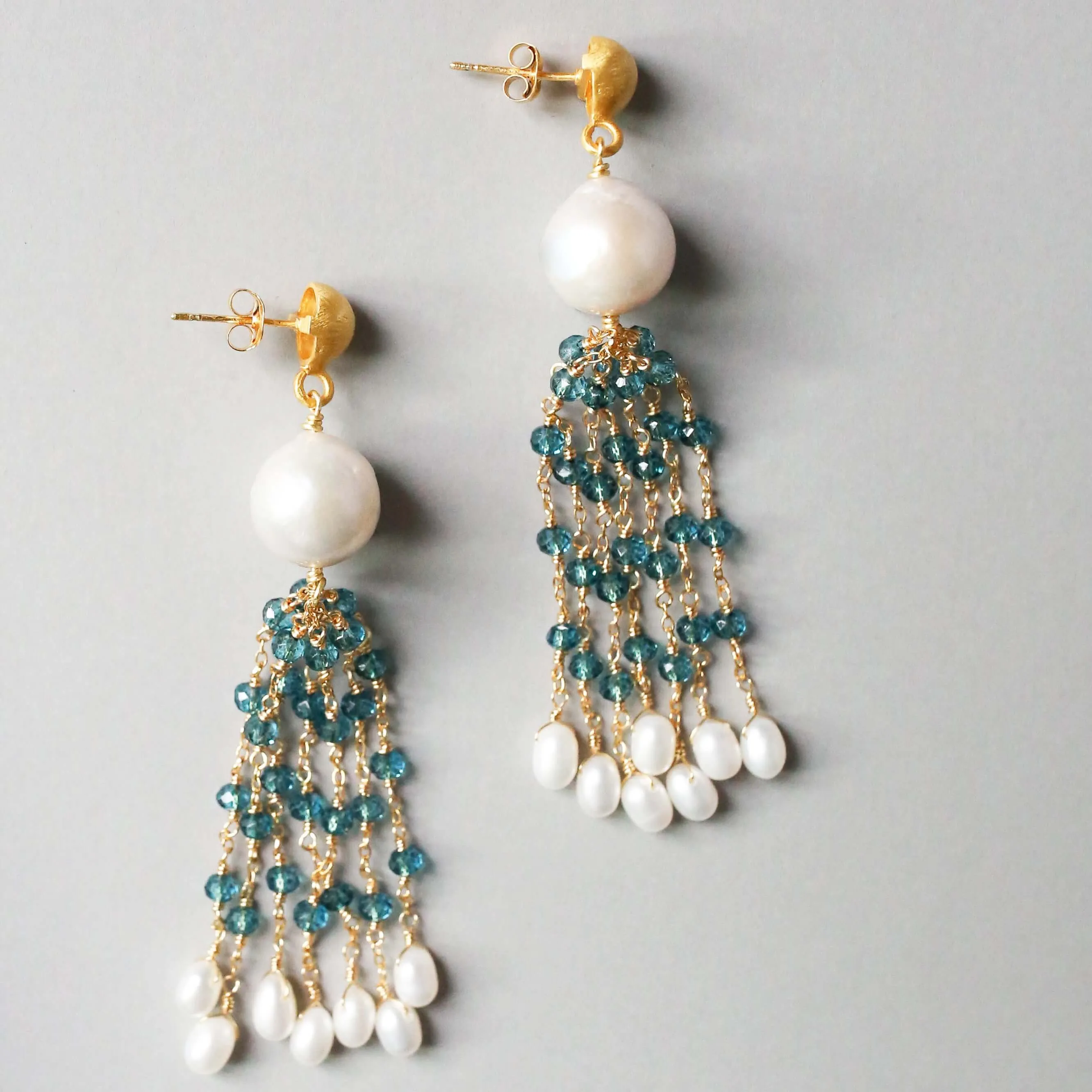 Pearl & London Blue Quartz Tassel Earrings