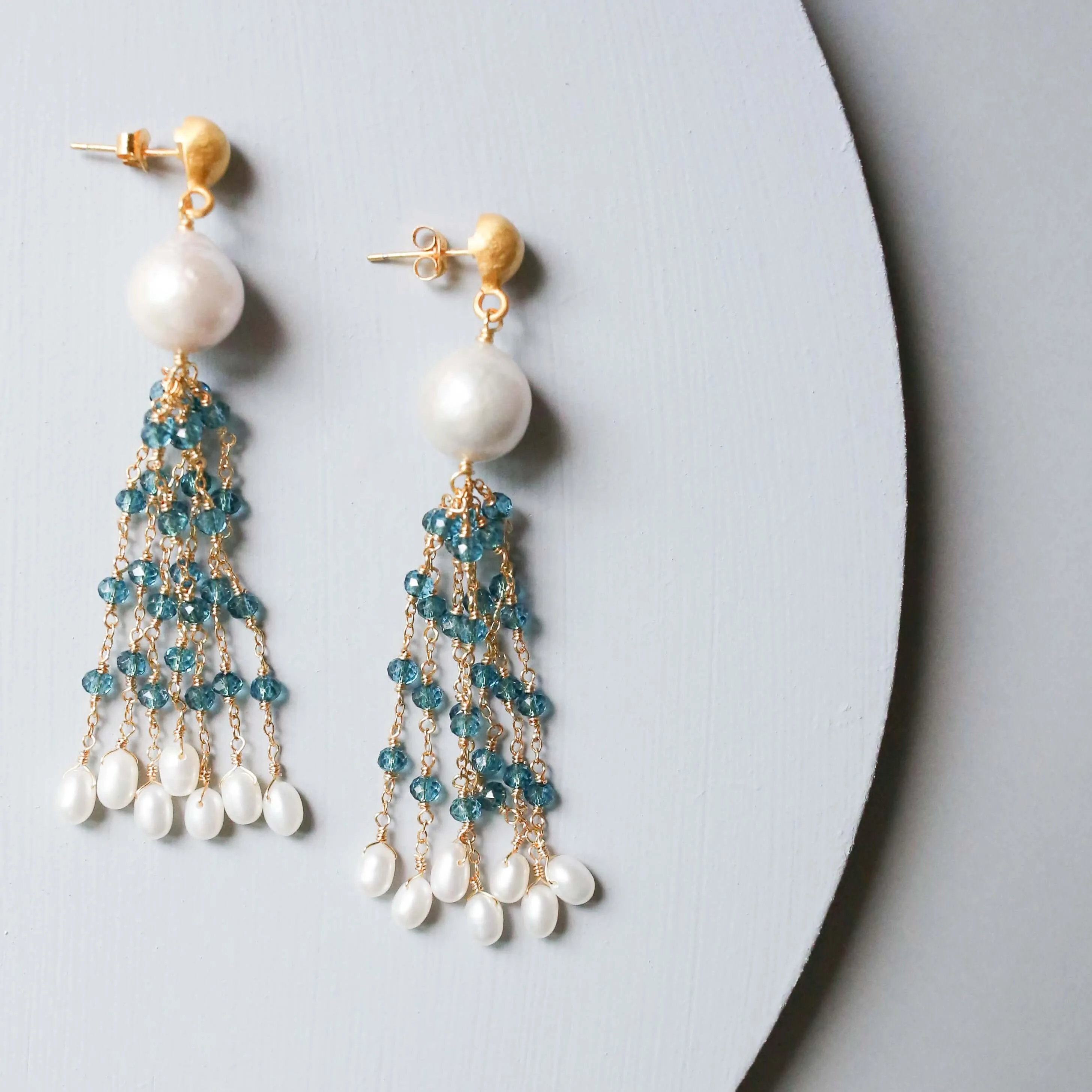 Pearl & London Blue Quartz Tassel Earrings