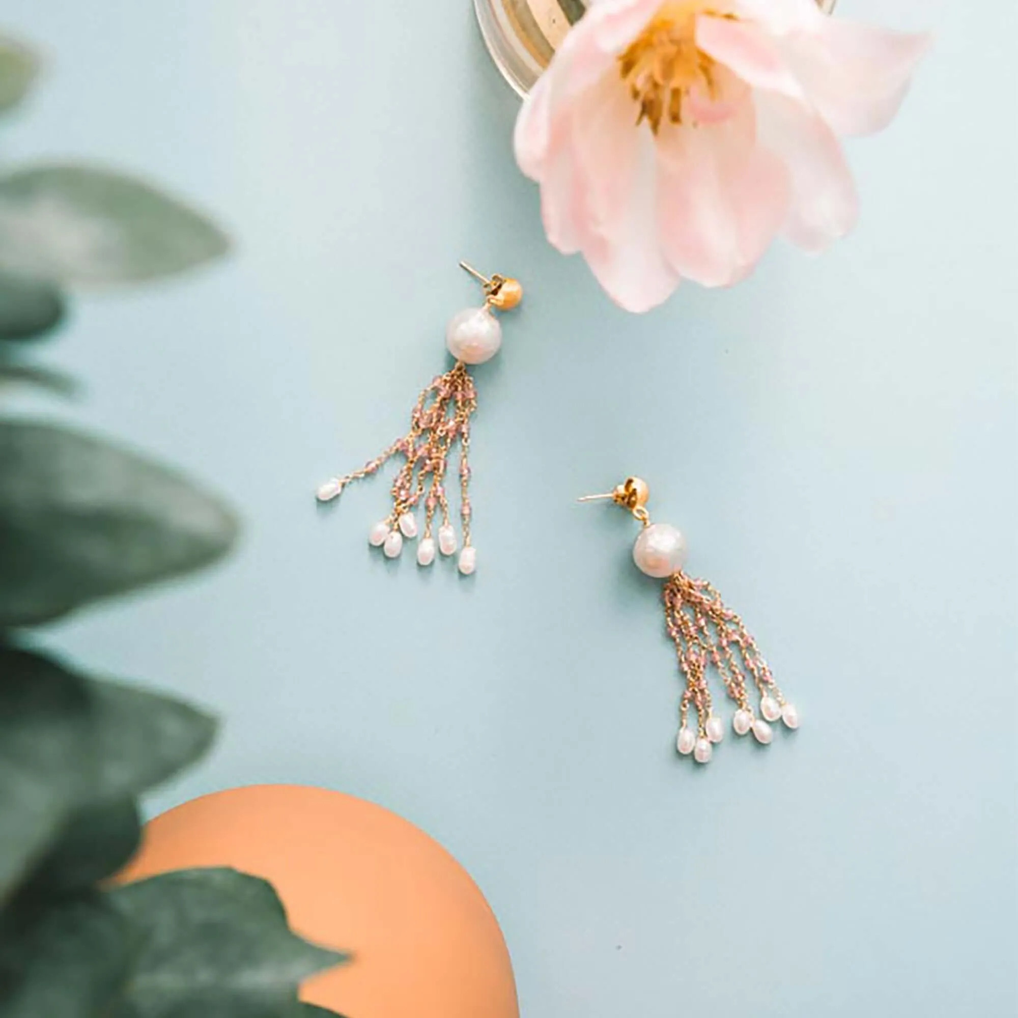 Pearl & London Blue Quartz Tassel Earrings