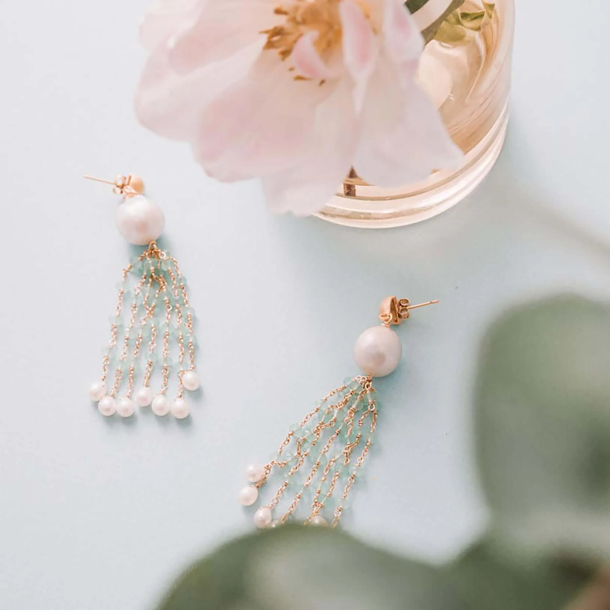 Pearl & London Blue Quartz Tassel Earrings