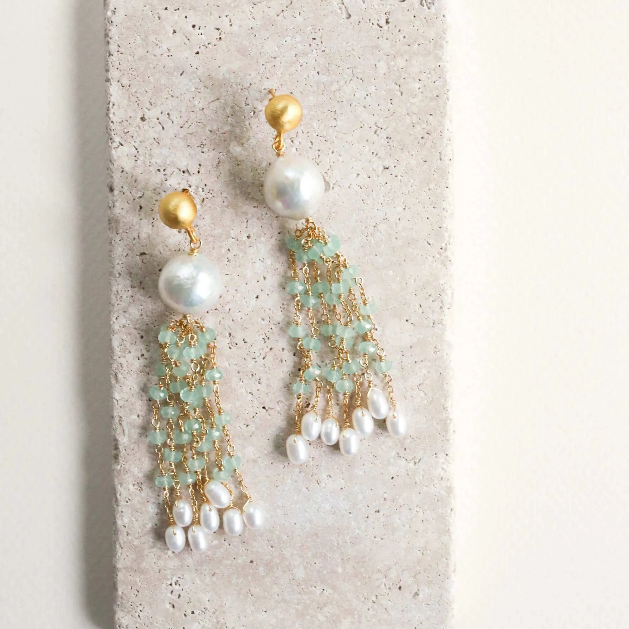 Pearl & London Blue Quartz Tassel Earrings