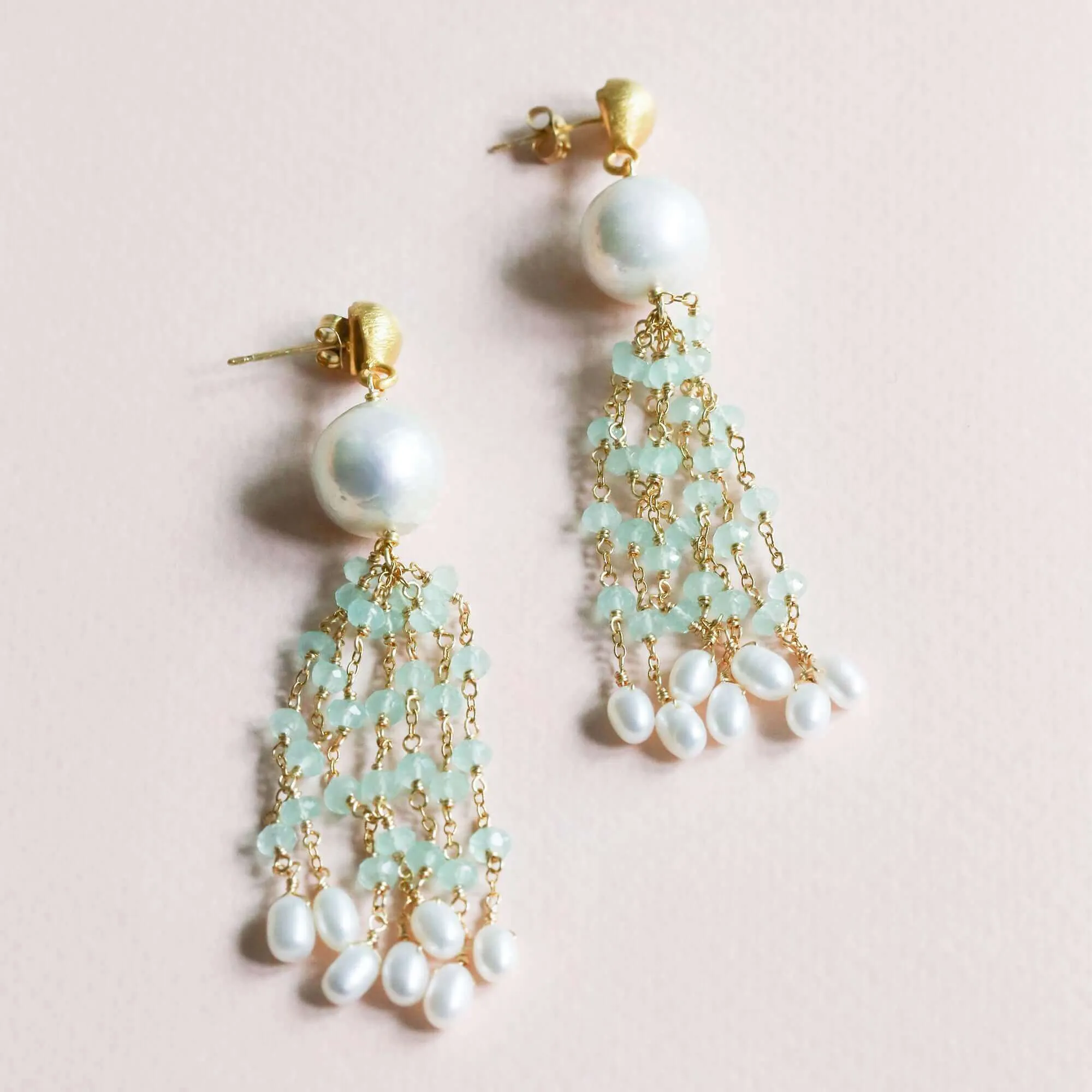 Pearl & London Blue Quartz Tassel Earrings