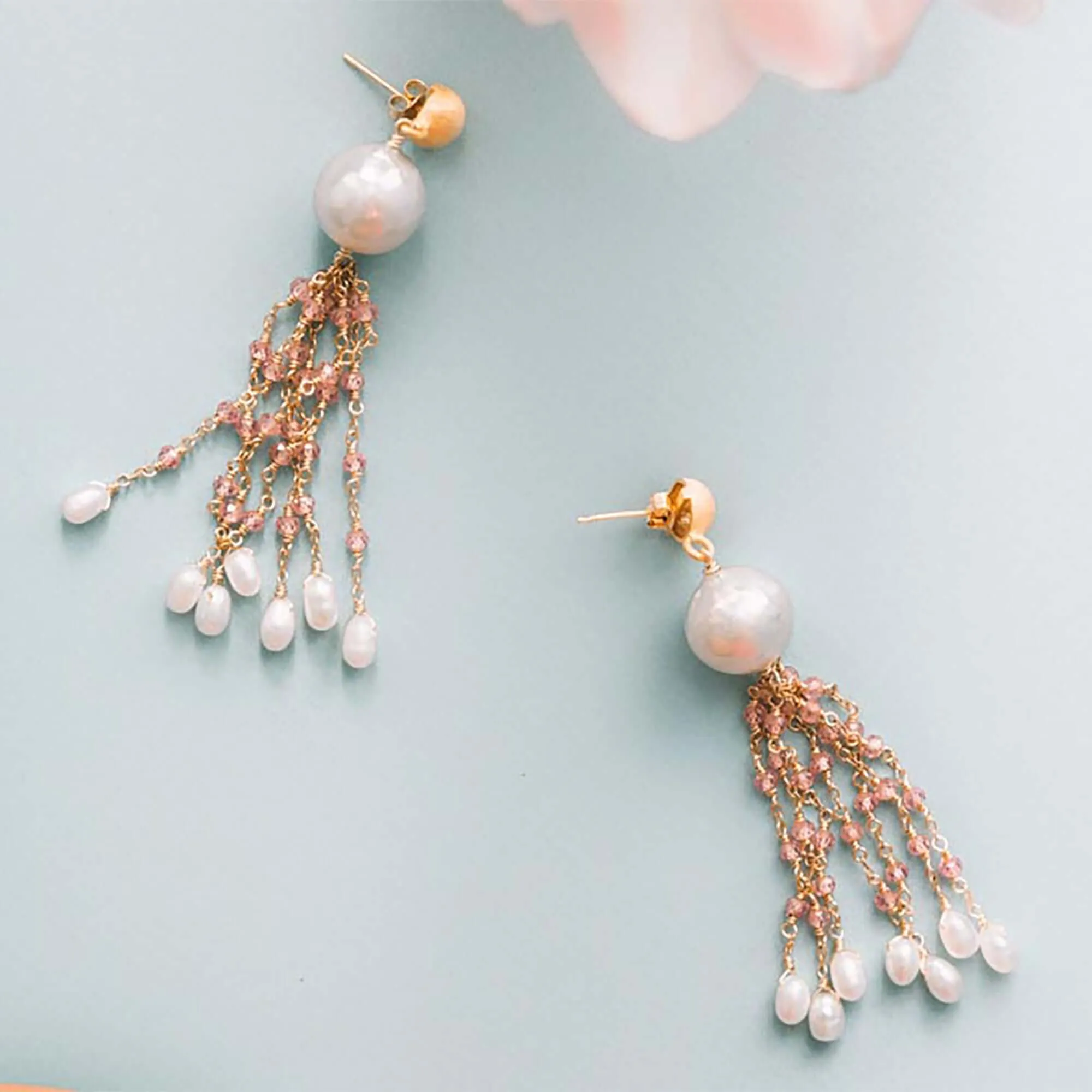 Pearl & London Blue Quartz Tassel Earrings