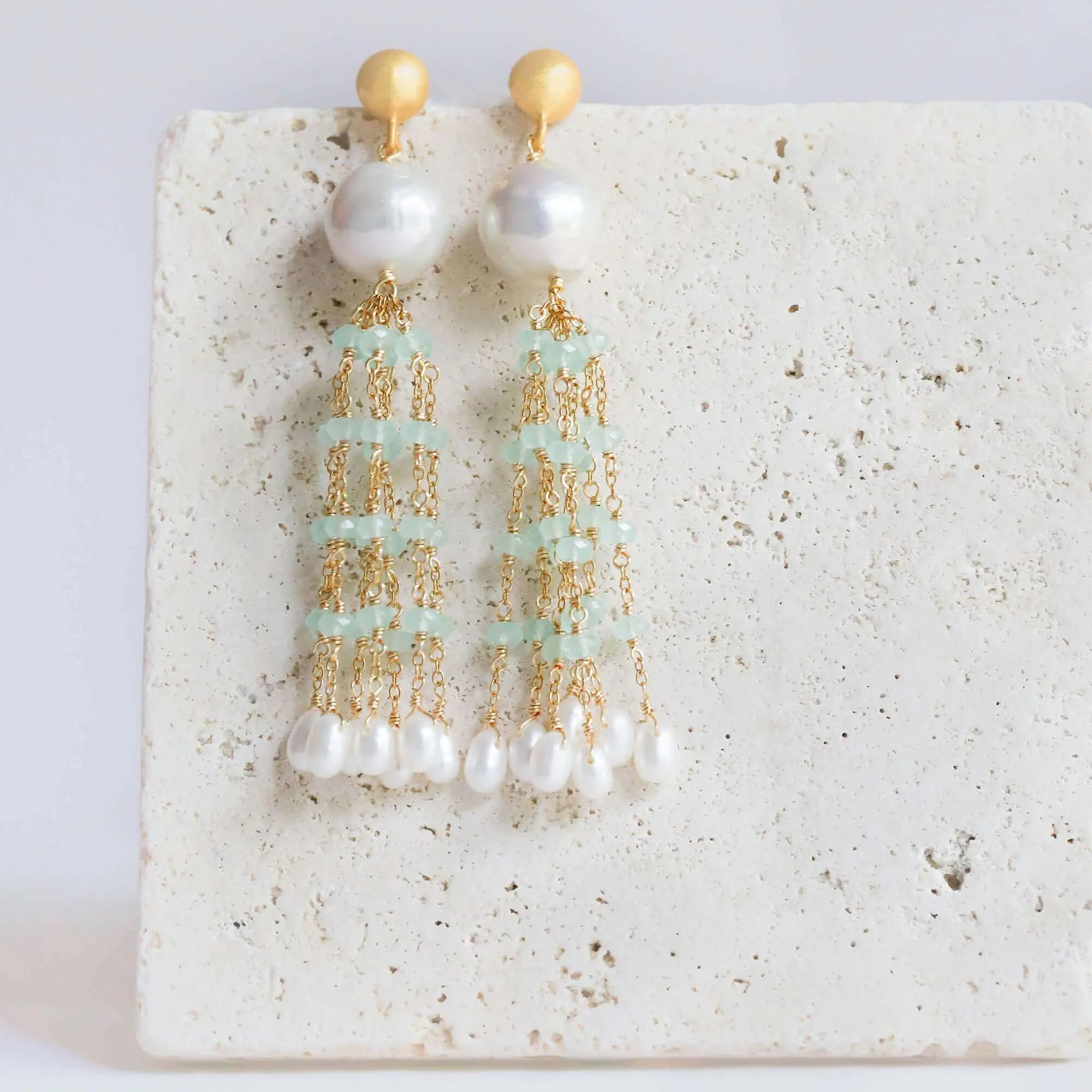 Pearl & London Blue Quartz Tassel Earrings