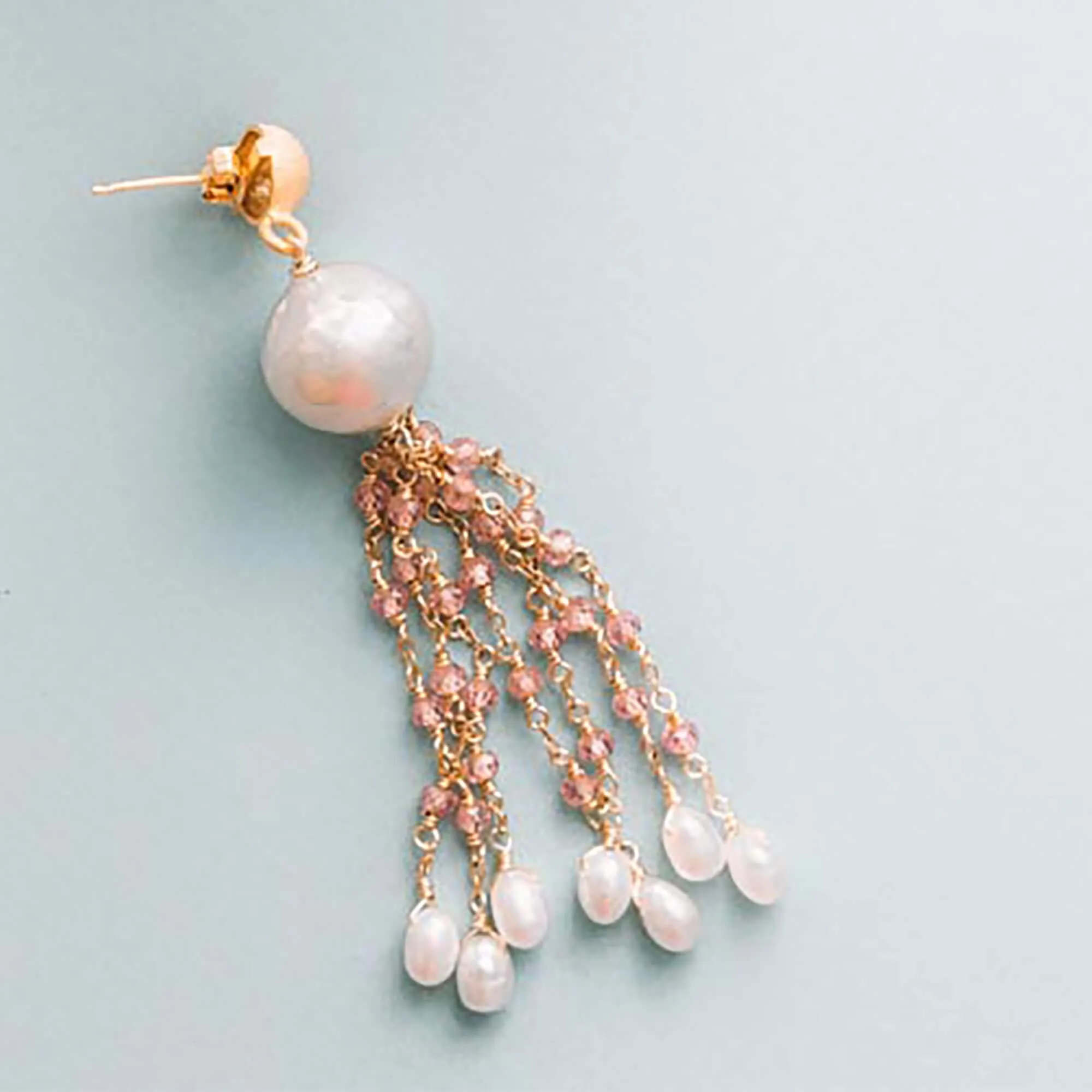 Pearl & London Blue Quartz Tassel Earrings