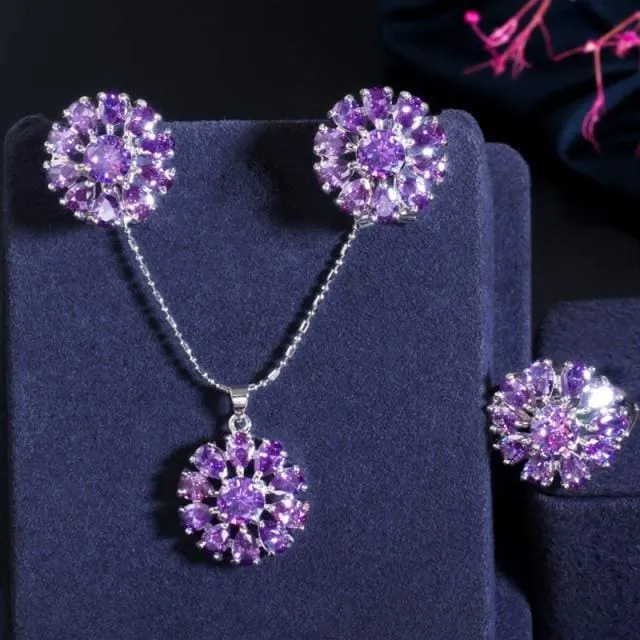 Pera Romantic Purple Amethyst CZ Topaz Round Flower Shape Silver 925 Necklace Earrings Jewelry set