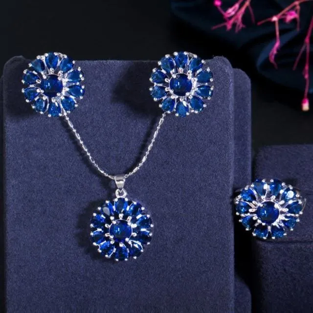 Pera Romantic Purple Amethyst CZ Topaz Round Flower Shape Silver 925 Necklace Earrings Jewelry set