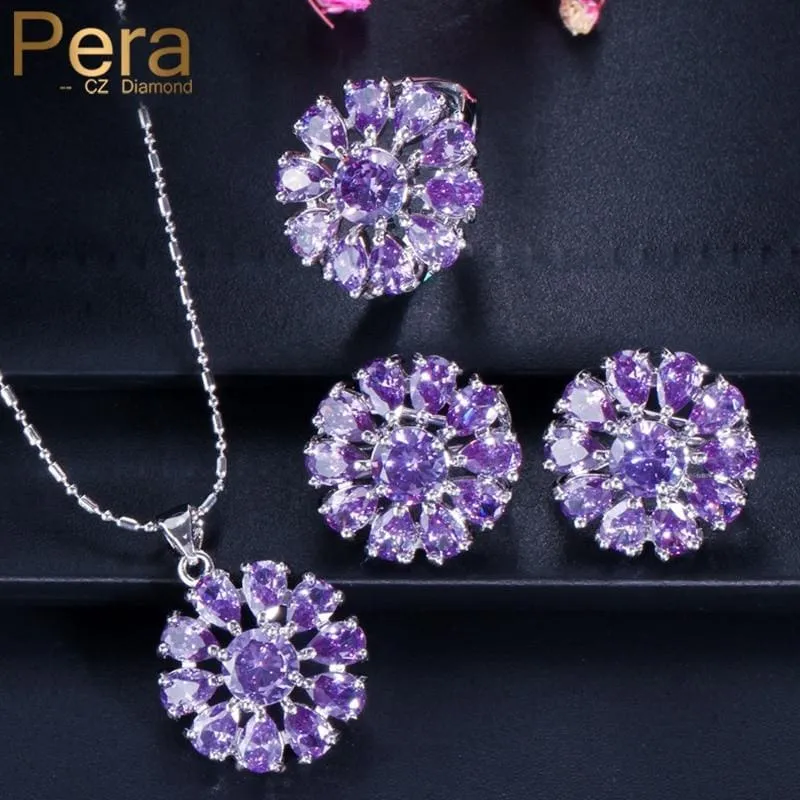 Pera Romantic Purple Amethyst CZ Topaz Round Flower Shape Silver 925 Necklace Earrings Jewelry set