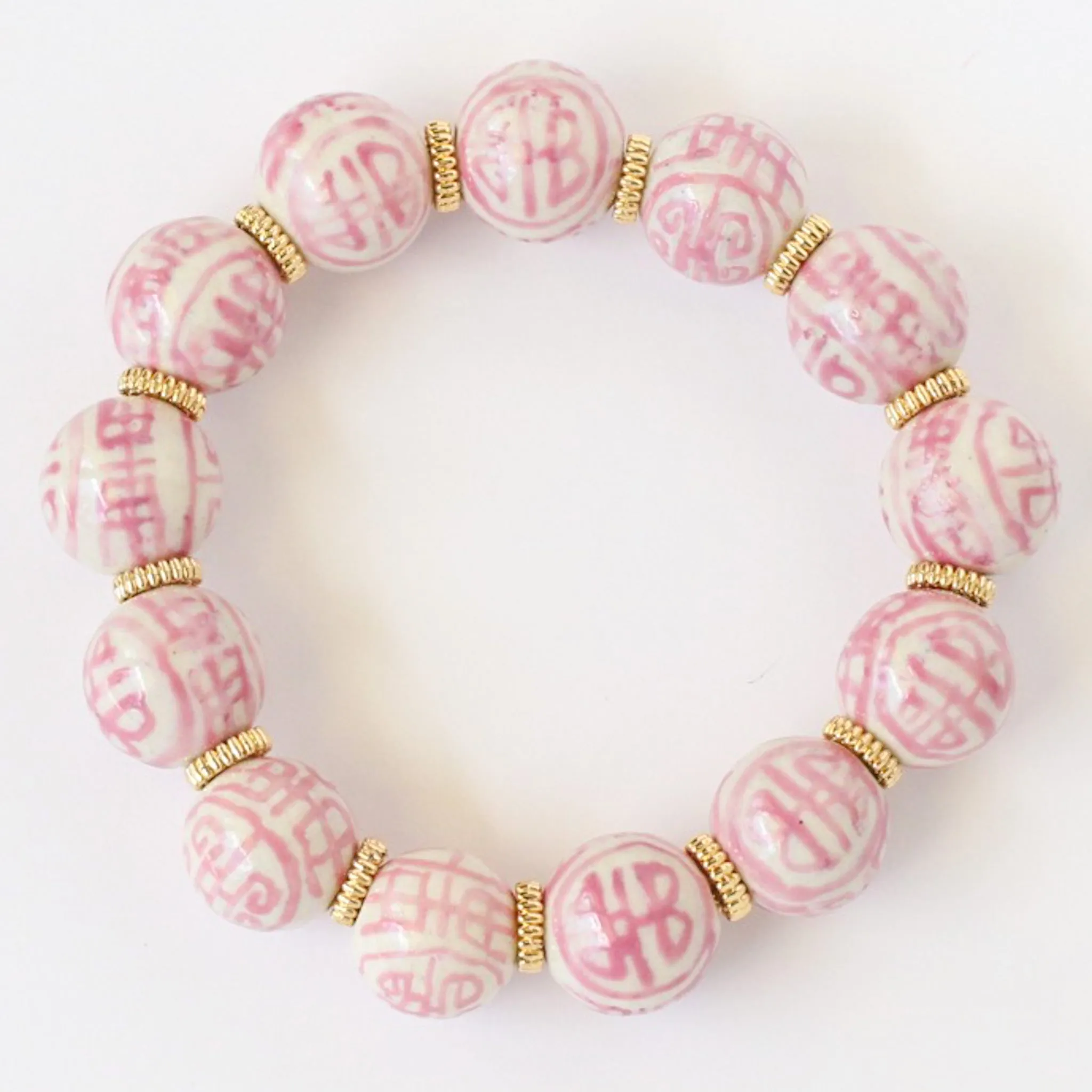 Pink & White Chinoiserie Porcelain Beaded Bracelet, Grandmillenial Style