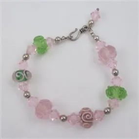 Pink and Green Artisan Beaded Bracelet