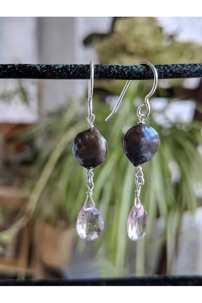 Pink Quartz, Bronze Pearl Silver Dangle Earrings