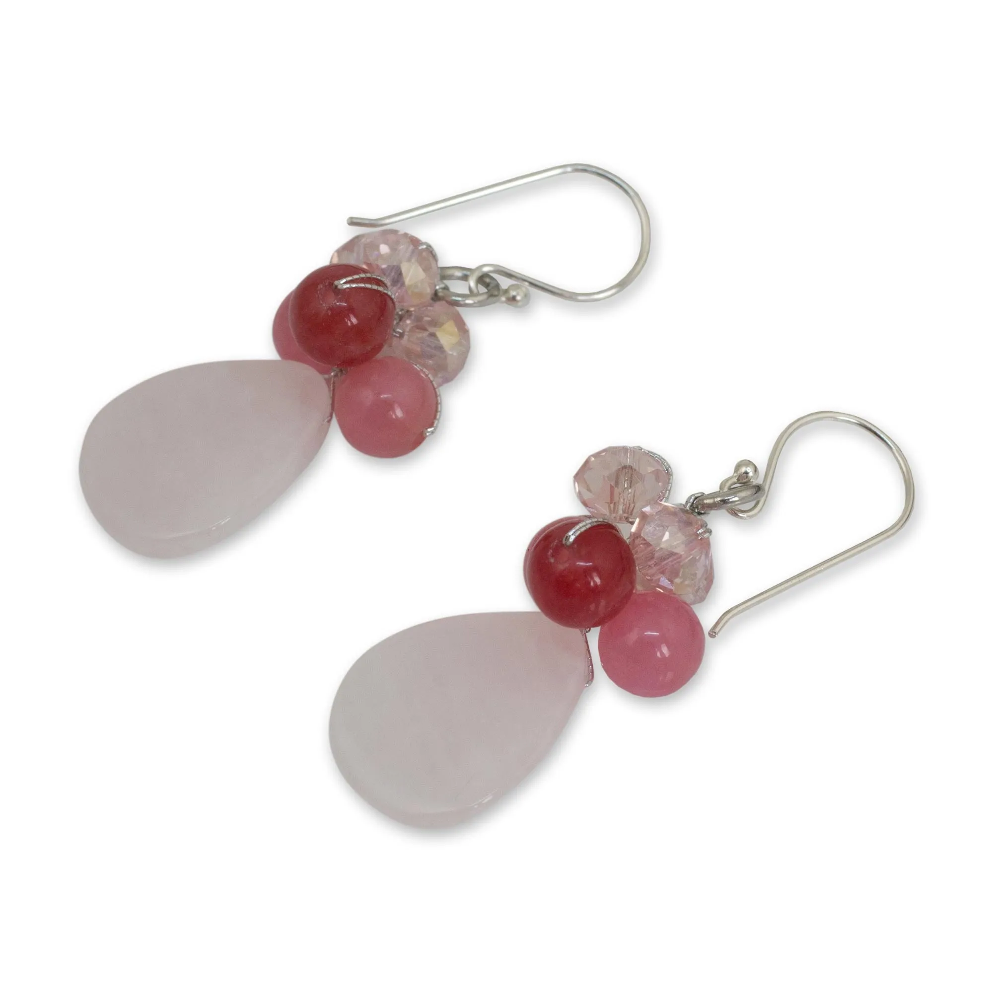 Pink Rose Quartz Silver Beaded Earrings