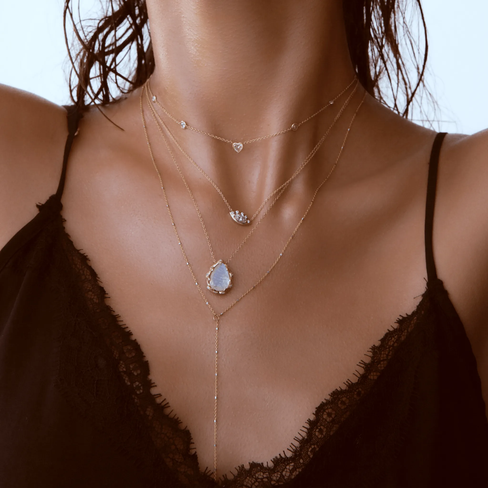 Queen Water Drop Moonstone Necklace with Sprinkled Diamonds