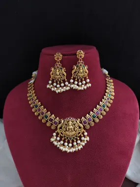 "Antique Lakshmi Necklace Set with Kemp and Green Stones, Ethnic Pearl Drops"