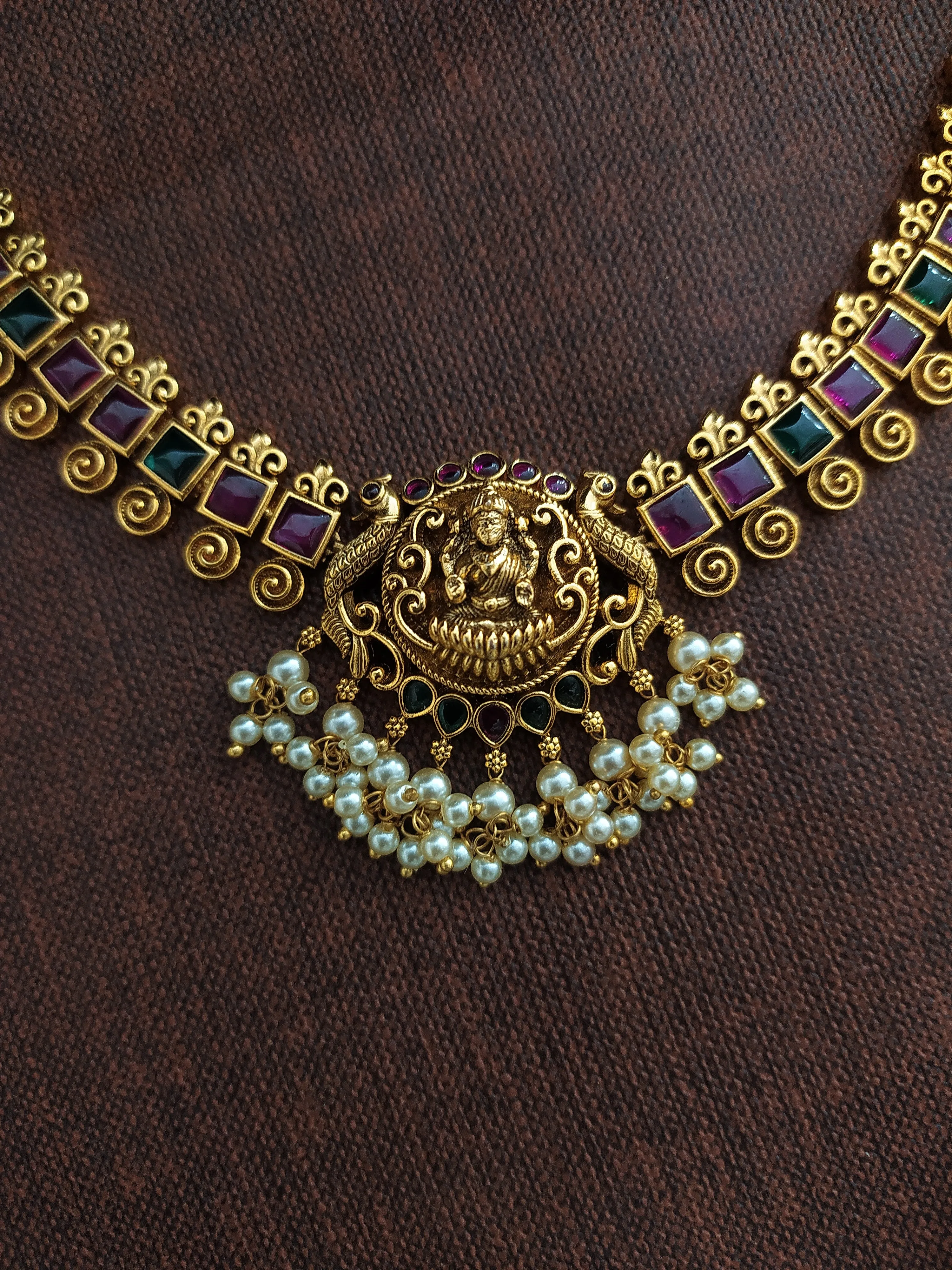 "Antique Lakshmi Necklace Set with Kemp and Green Stones, Ethnic Pearl Drops"