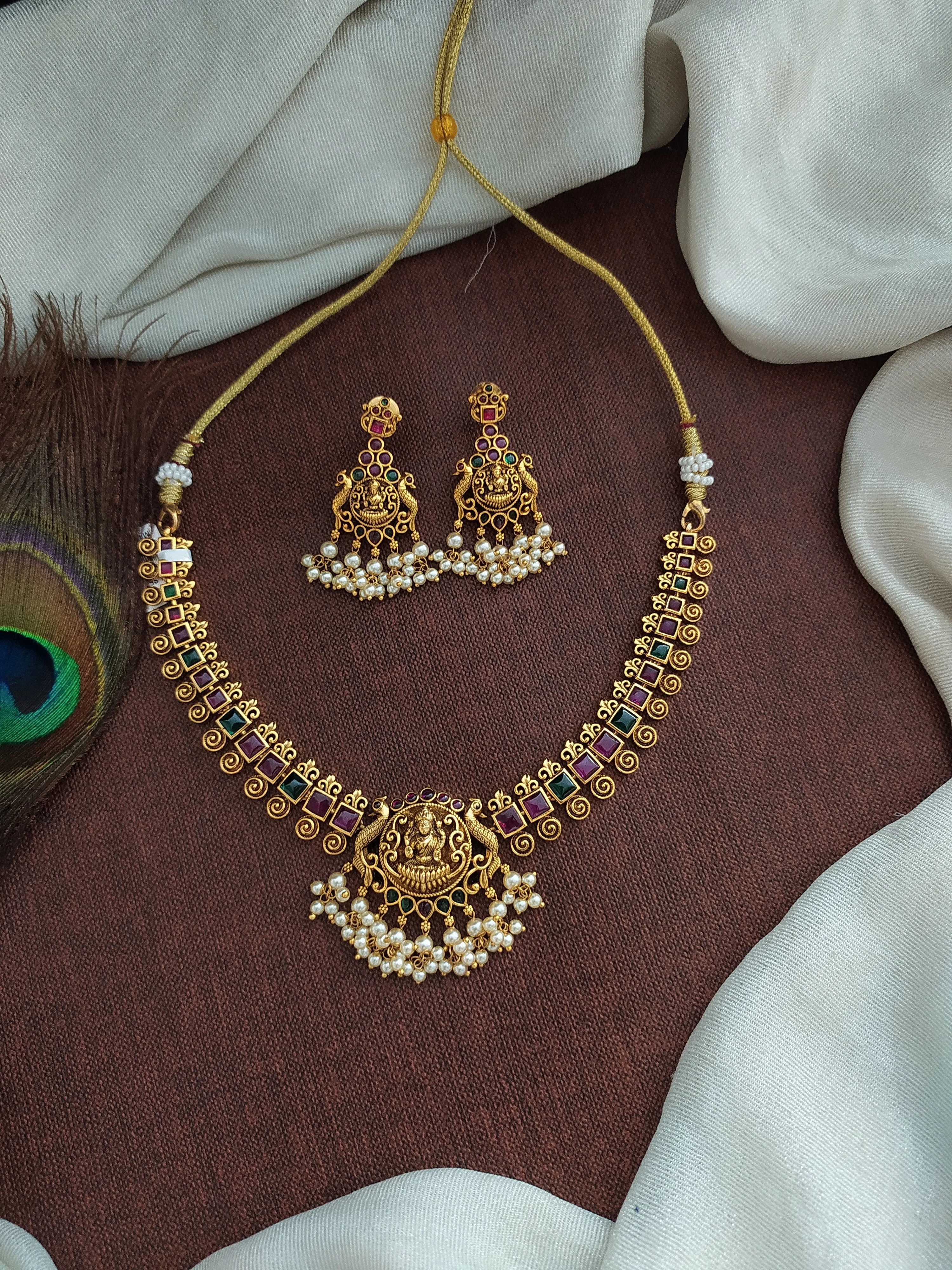 "Antique Lakshmi Necklace Set with Kemp and Green Stones, Ethnic Pearl Drops"