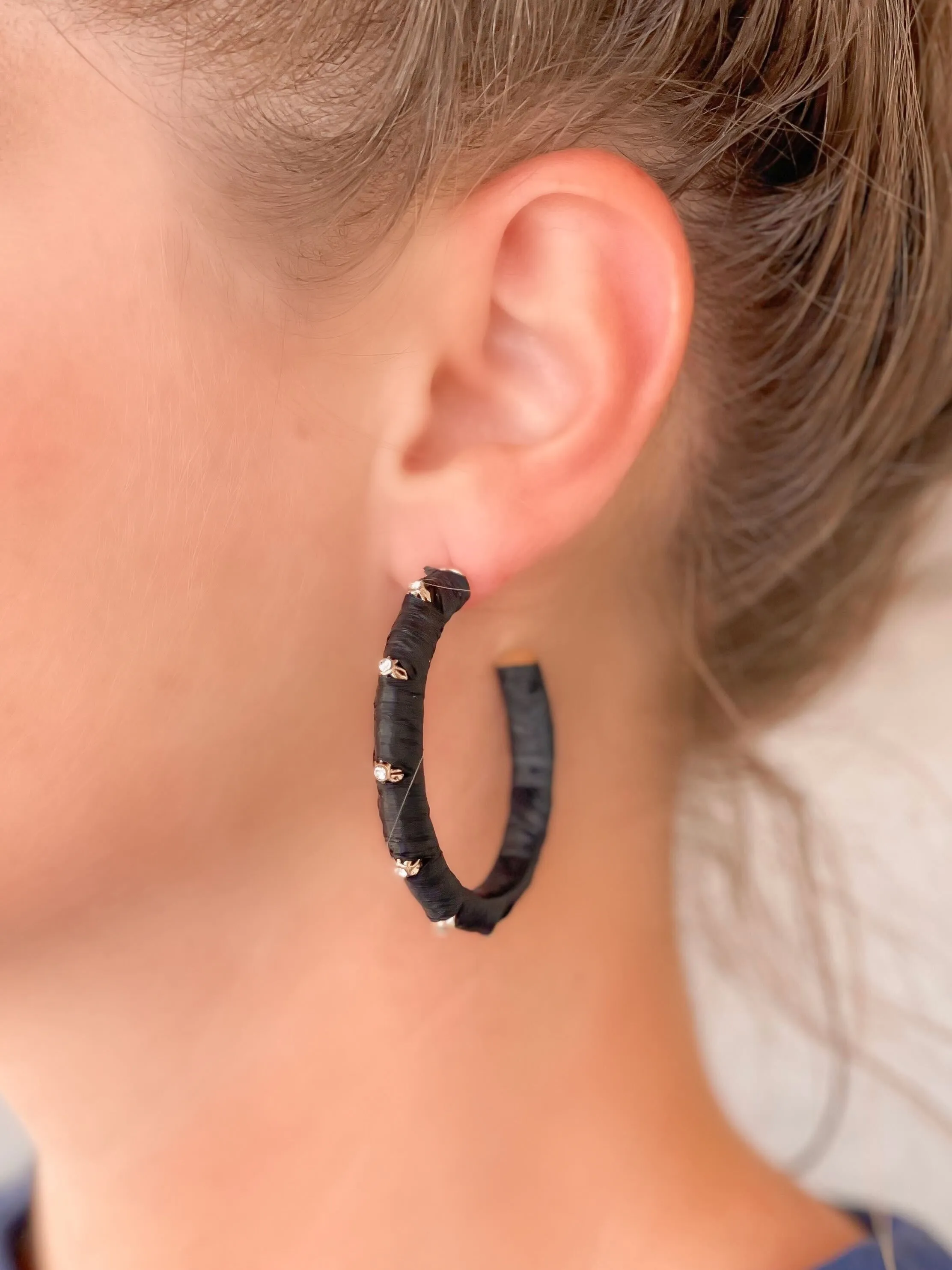 Raffia Wrapped Rhinestone Hoop Earrings - Black