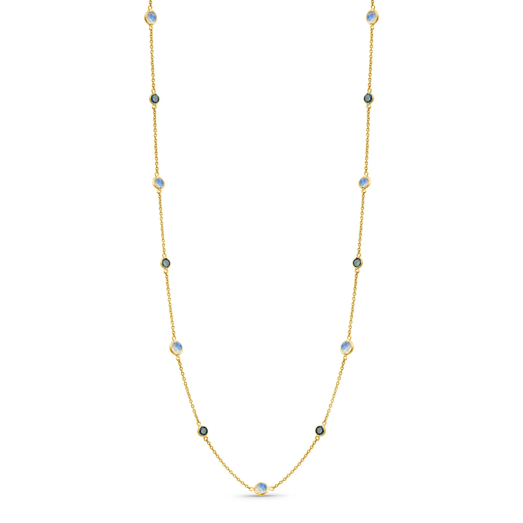 Rainbow Moonstone & Blue Diamond Round Necklace In 18K Yellow Gold