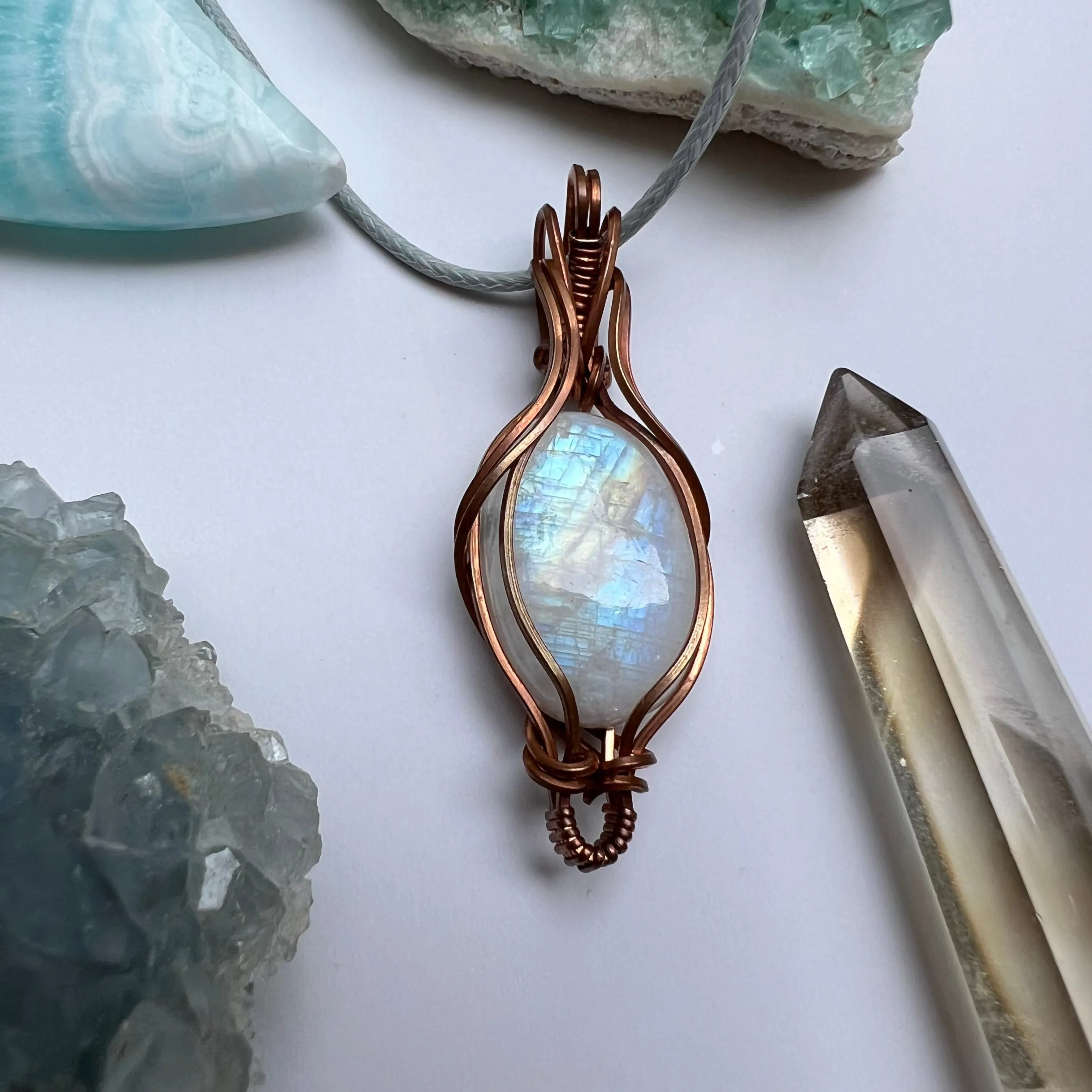 Rainbow Moonstone Pendant Wire-Wrapped in Copper