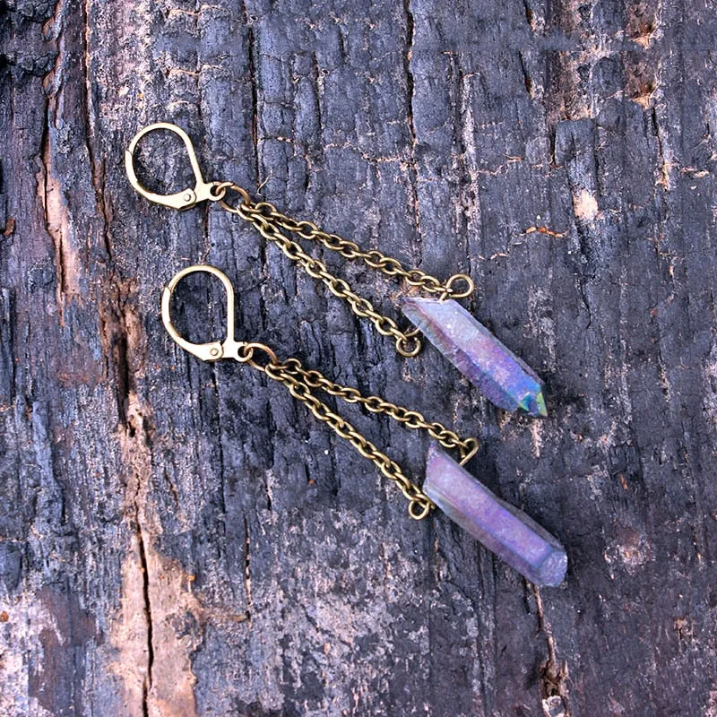 Raw Rainbow Quartz Crystal Drop Earrings hanging natural stone long earrings for Women