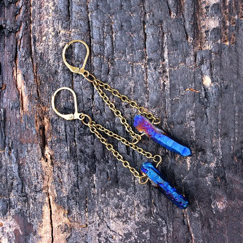 Raw Rainbow Quartz Crystal Drop Earrings hanging natural stone long earrings for Women