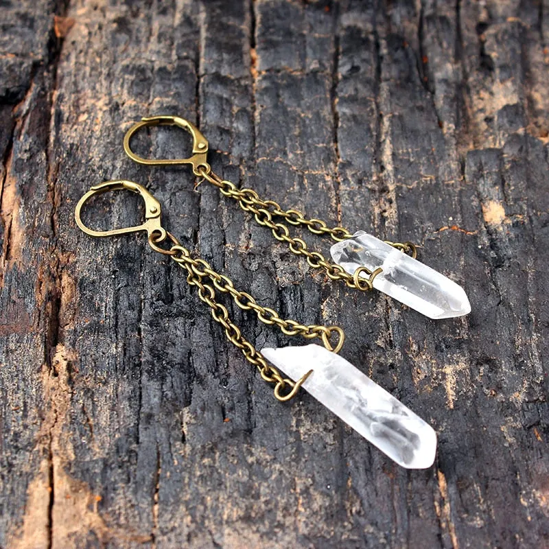 Raw Rainbow Quartz Crystal Drop Earrings hanging natural stone long earrings for Women