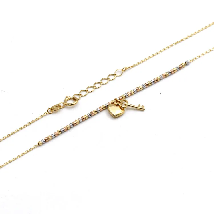 Real Gold 3-Color Beads Balls 1.5 MM Chain with Hanging Heart & Key Pendant Necklace 0475 N1451